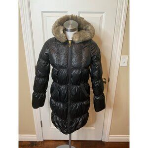 Juicy Couture Black Down Puffer Hooded Coat Jacket W/ Faux Fur Trim, Size 14